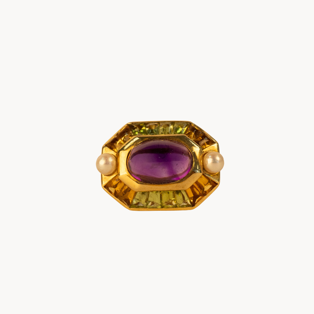 Bague CHANEL vintage années 1960 en or jaune, tourmalines et améthyste