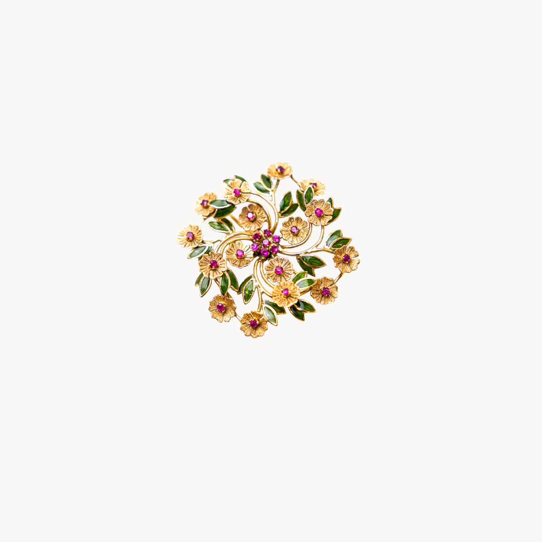 Broche vintage en or jaune 18 carats, pierre rose