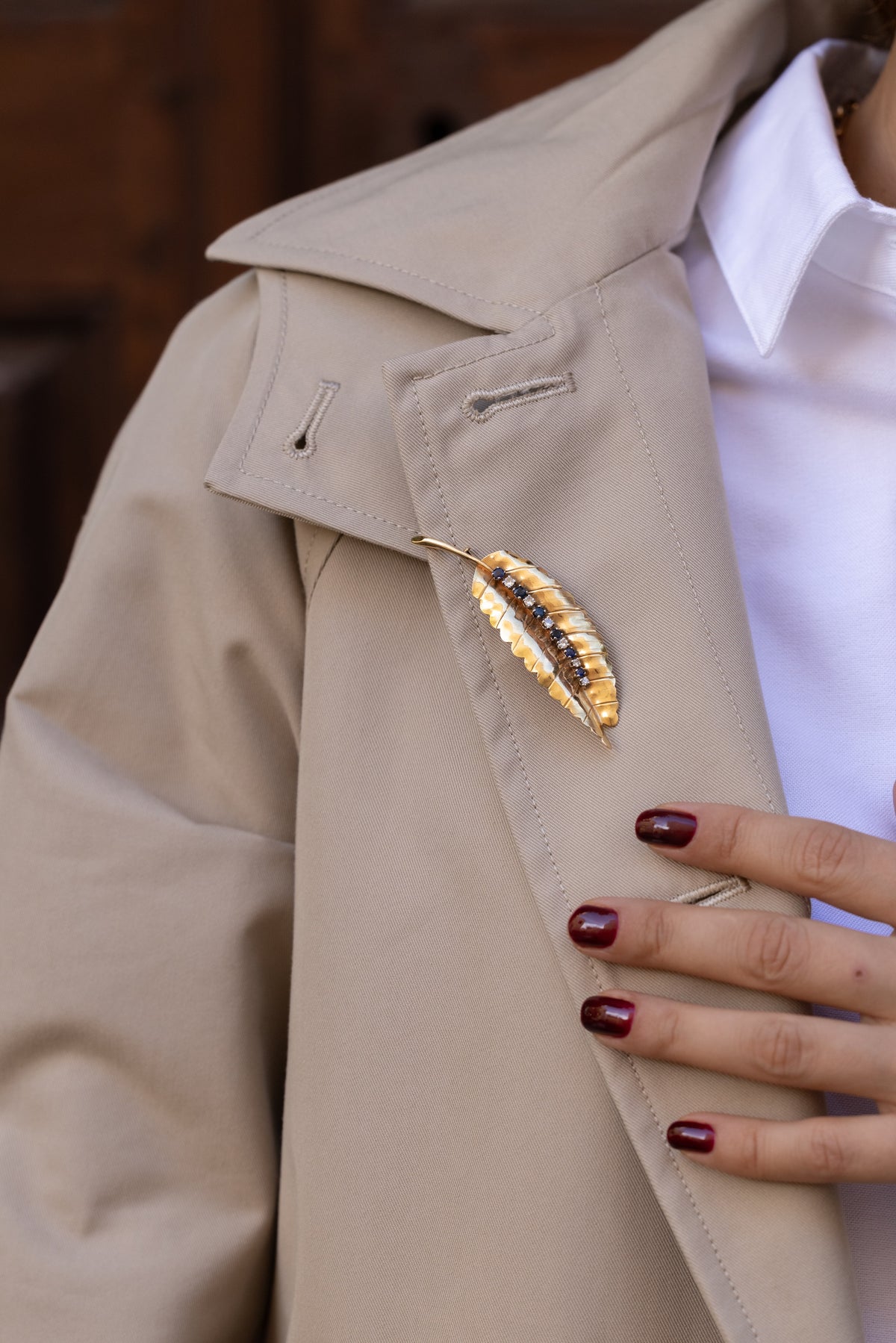 Vintage Yellow Gold, Sapphire, and Diamond Leaf Brooch