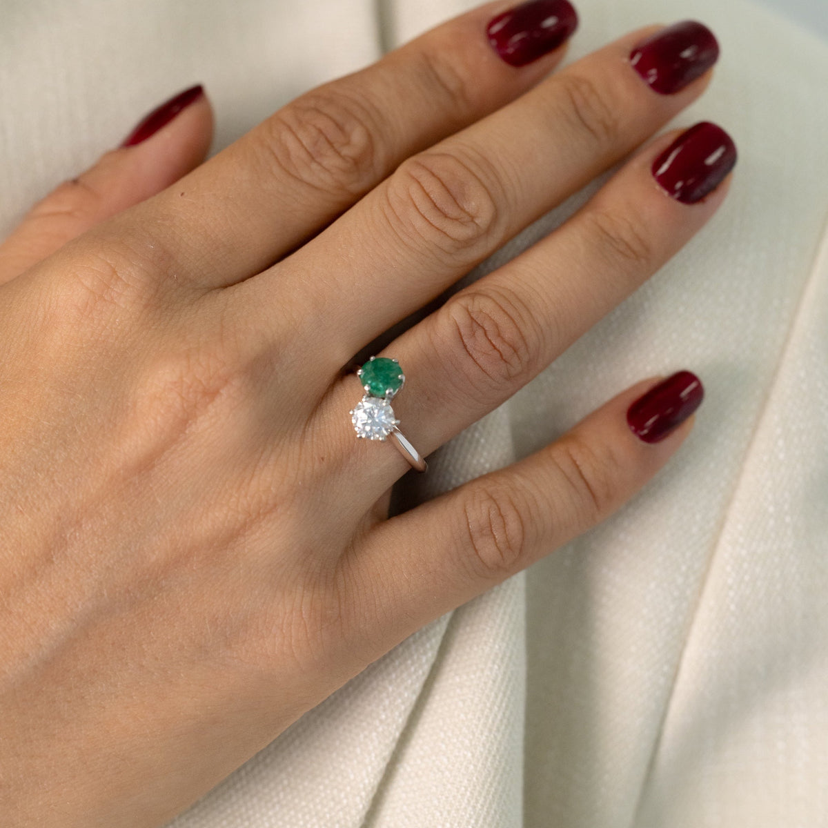 Modern White Gold, Emerald and Diamond Ring