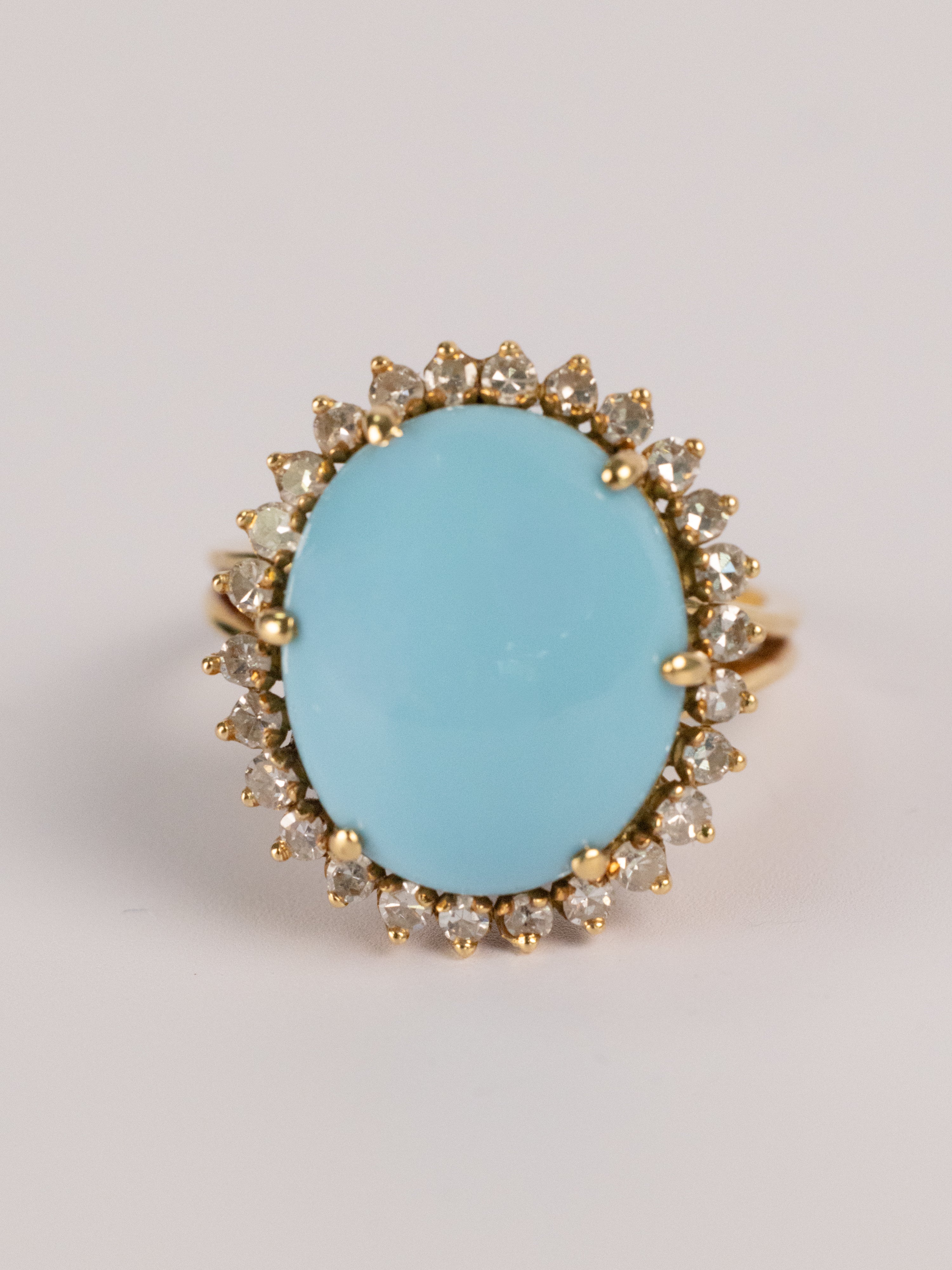 Bague Vintage En Or Jaune, Turquoise Et Diamants