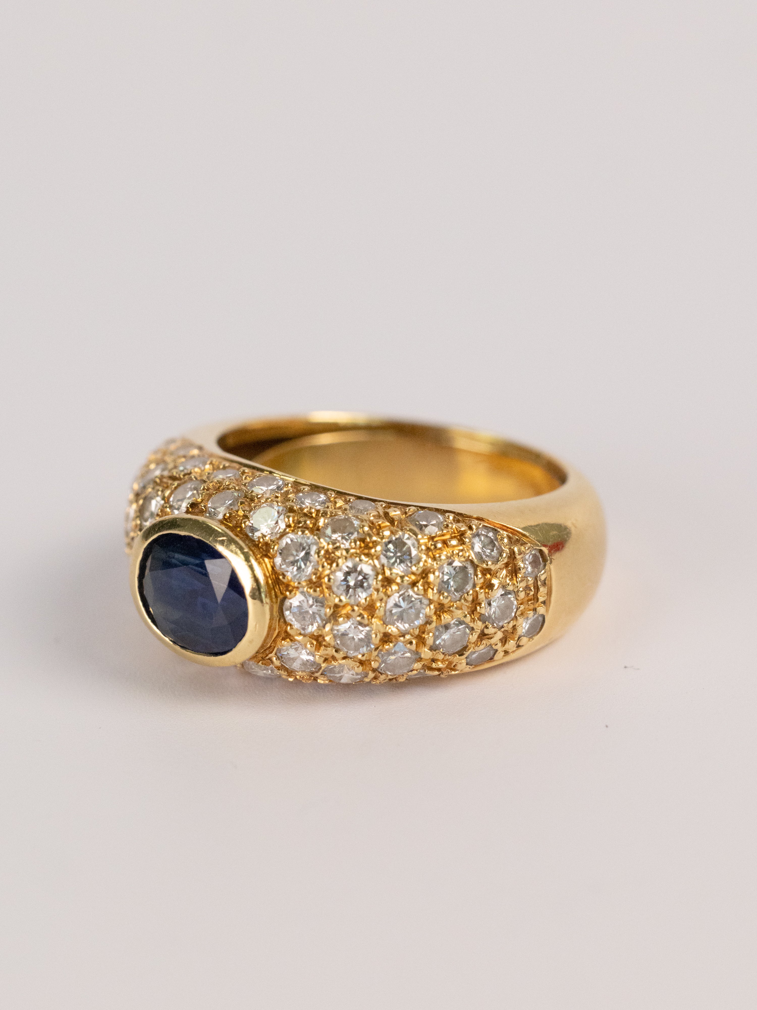 Bague Vintage En Or Jaune, Saphir Et Diamants
