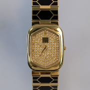 Montre de dame Ravel en or jaune 18 carats à cadran pavé de diamants et bracelet émail noir