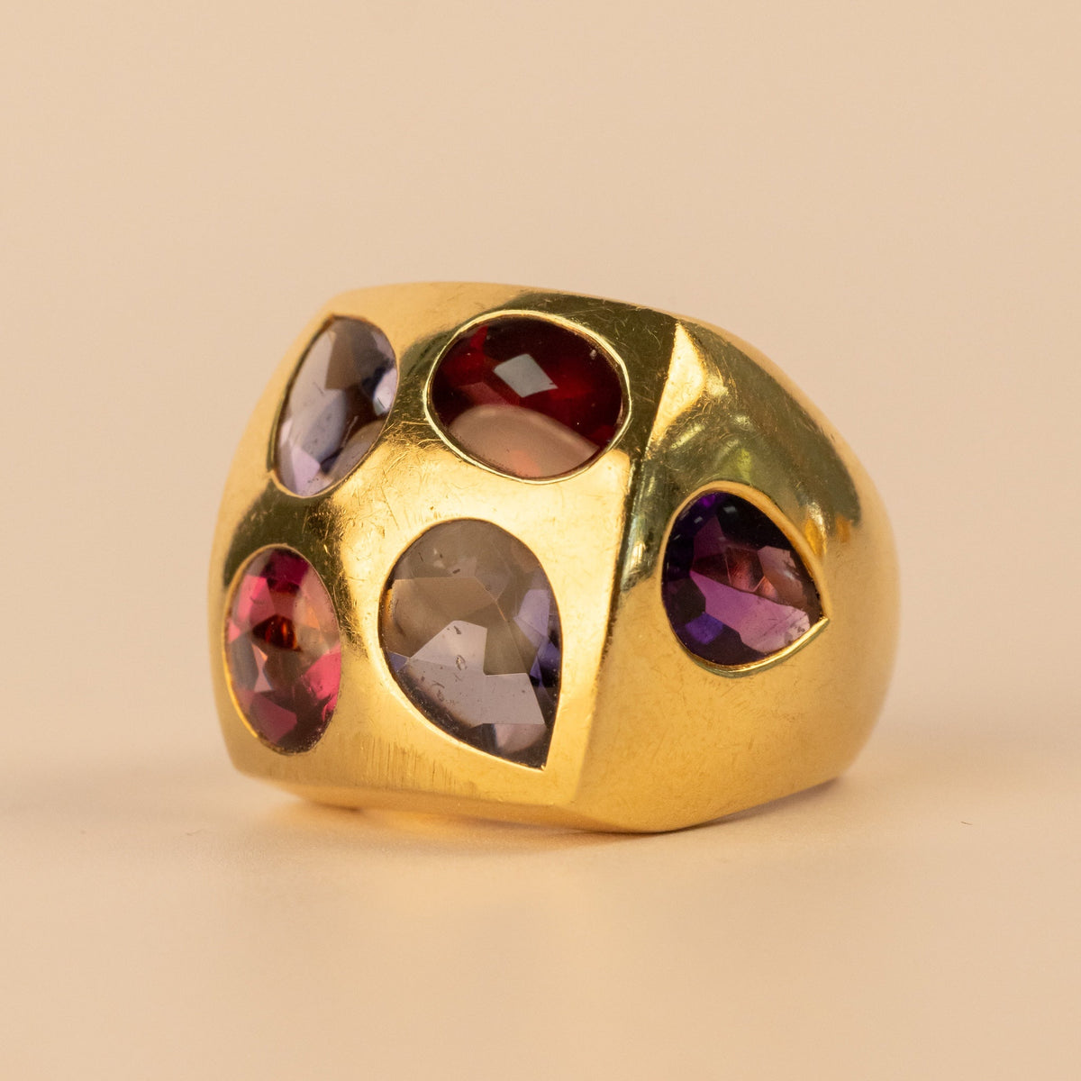 Vintage 1960s Chanel Signet Ring in Yellow Gold and Multicolored Stones
