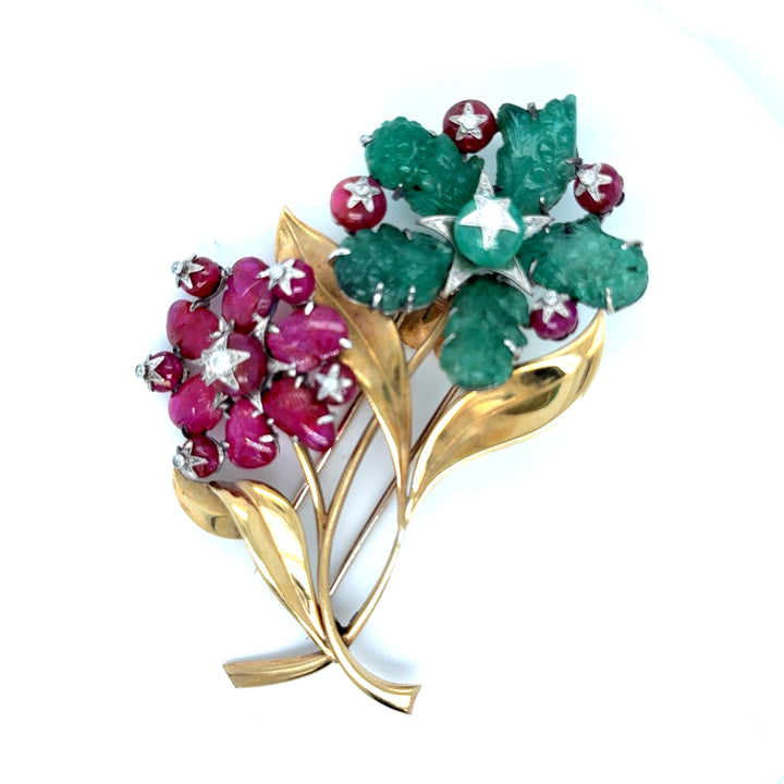 Broche vintage émeraude rubis et diamants occasion seconde main