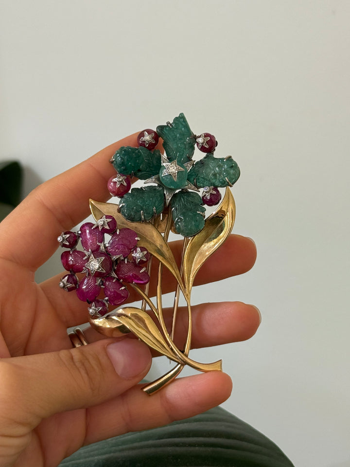 Broche vintage émeraude rubis et diamants occasion seconde main