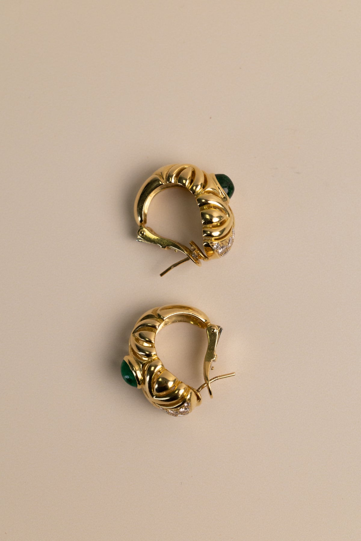 Vintage Emerald Cabochon and Diamond 18K Yellow Gold Earrings