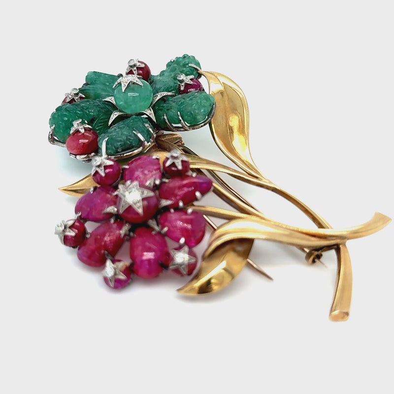 Broche vintage émeraude rubis et diamants occasion seconde main
