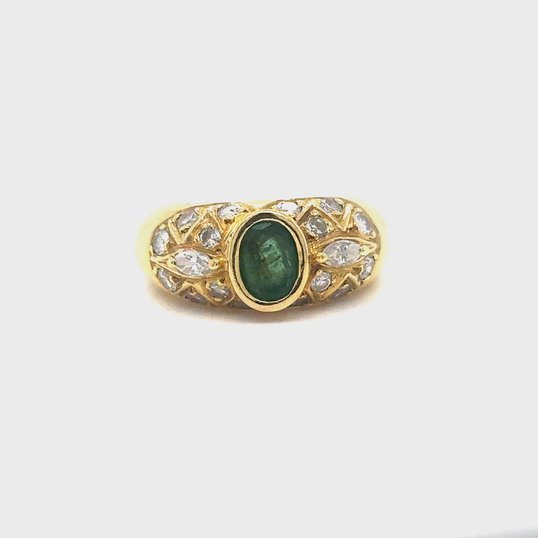 Bague jonc or jaune émeraude et diamants