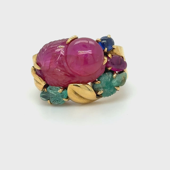 Bague Tutti Frutti émeraude et rubis occasion seconde main luxe femme