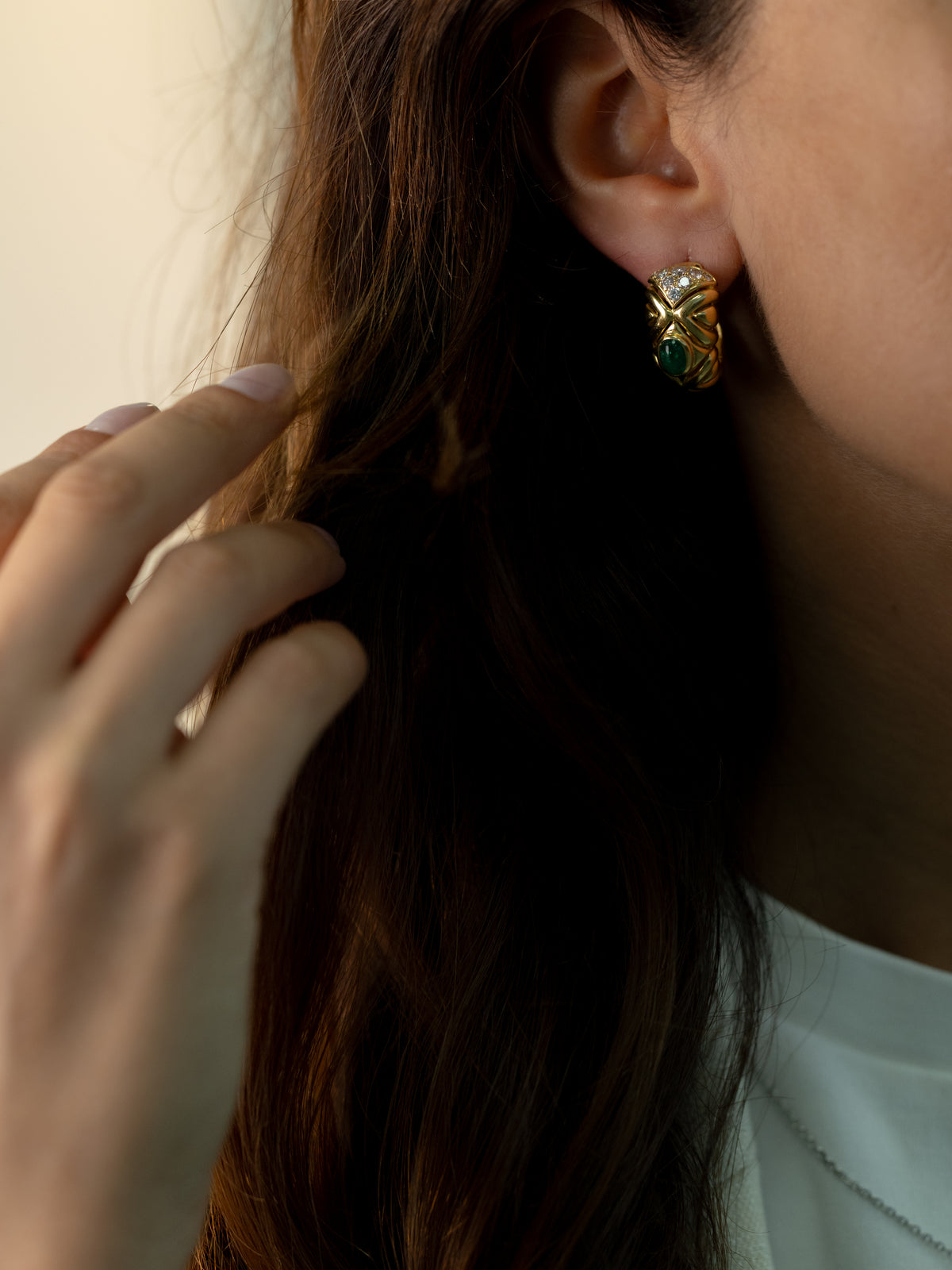 Vintage Emerald Cabochon and Diamond 18K Yellow Gold Earrings